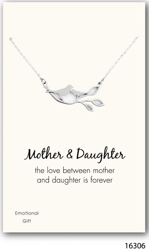 Mother daughter birds on the branch silver pendant